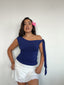 top polera azul asimetrico mujer con lazo en hombro estilo verano
