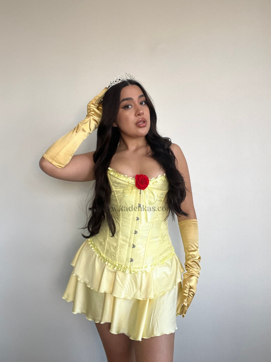 Set De Disfraz De Princesa Bella – Corona, Guantes Amarillos, Collar Y Pendientes De Cristal – Perfecto Para Halloween Y Carnaval – Para Mujer Y Niña