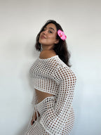 conjunto tejido de algodón color crudo de mujer con top manga larga y falda larga calada estilo boho