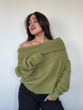 Sweater pistacho tejido para mujer con diseño off-shoulder, suave y elegante kadenkas.com