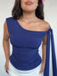 top polera azul asimetrico mujer con lazo en hombro estilo verano
