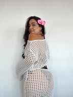 conjunto tejido de algodón color crudo de mujer con top manga larga y falda larga calada estilo boho