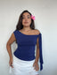 top polera azul asimetrico mujer con lazo en hombro estilo verano