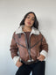 Chaqueta toffee café tipo cazadora para mujer con chiporro, cinturón y cuello alto kadenkas.com