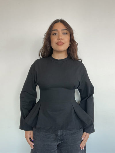TOP MIKA NEGRO - POLERA CON PINZAS MANGA LARGA DE ALGODÓN