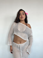 conjunto tejido de algodón color crudo de mujer con top manga larga y falda larga calada estilo boho