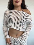 conjunto tejido de algodón color crudo de mujer con top manga larga y falda larga calada estilo boho