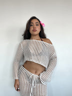 conjunto tejido de algodón color crudo de mujer con top manga larga y falda larga calada estilo boho