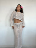 conjunto tejido de algodón color crudo de mujer con top manga larga y falda larga calada estilo boho