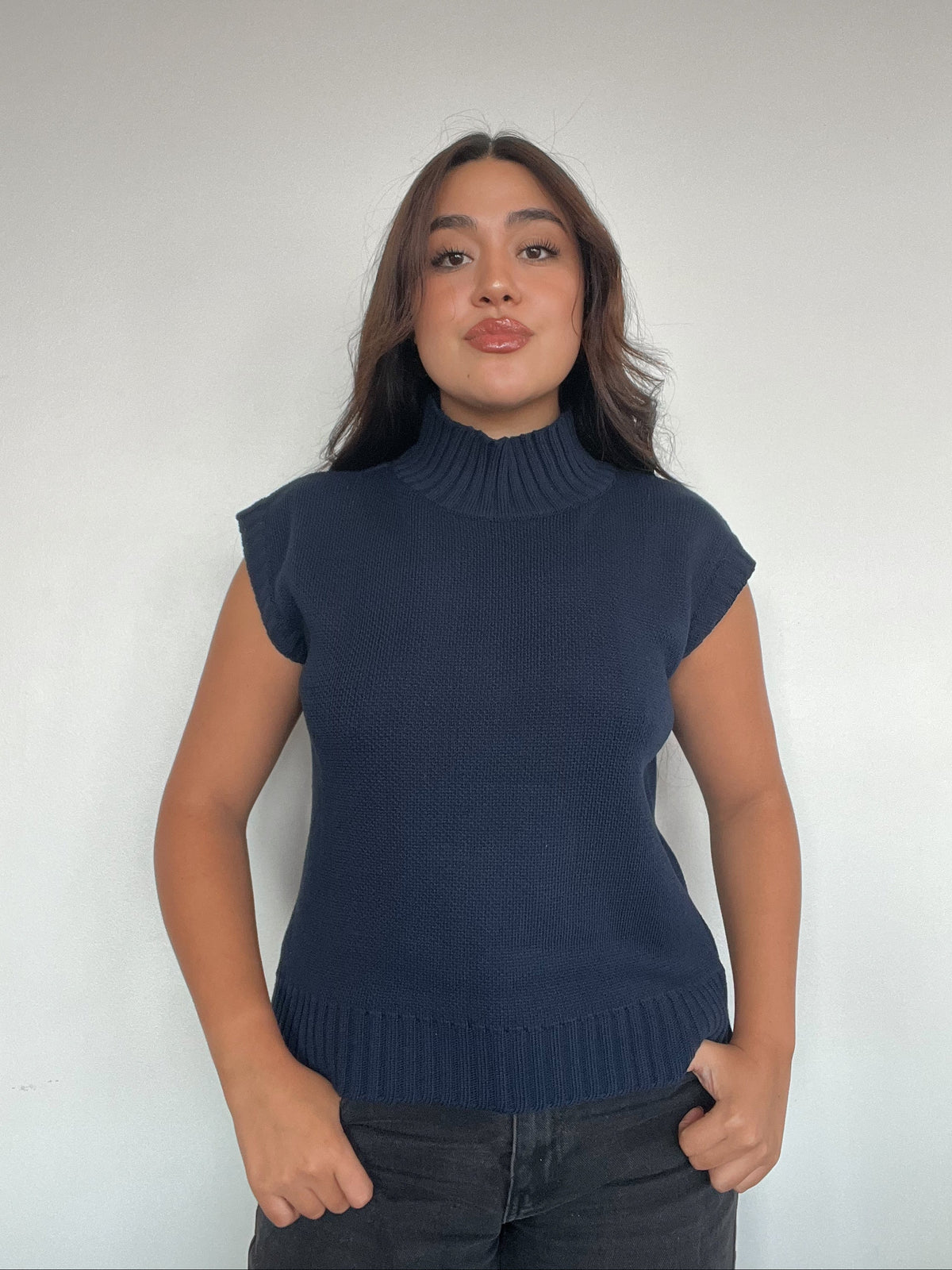 SWEATER HANNAH AZUL - CHALECO DE ALGODÓN DE CUELLO ALTO