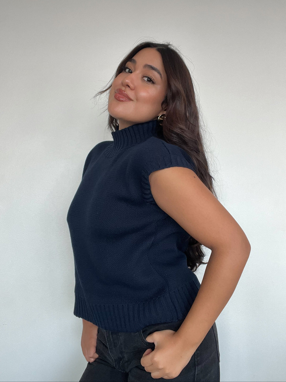 SWEATER HANNAH AZUL - CHALECO DE ALGODÓN DE CUELLO ALTO