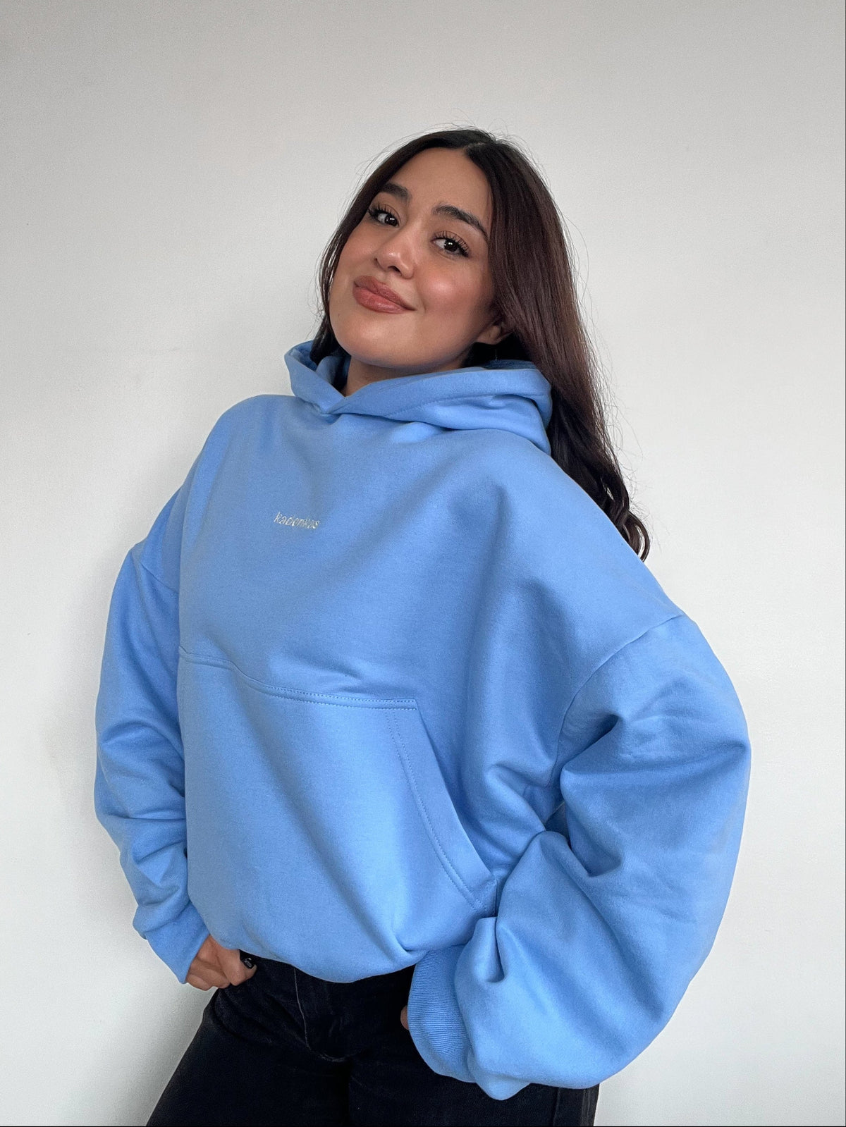 POLERÓN HOODIE CELESTE - OVERSIZE CON GORRO LOGO Y ESPALDA BORDADO